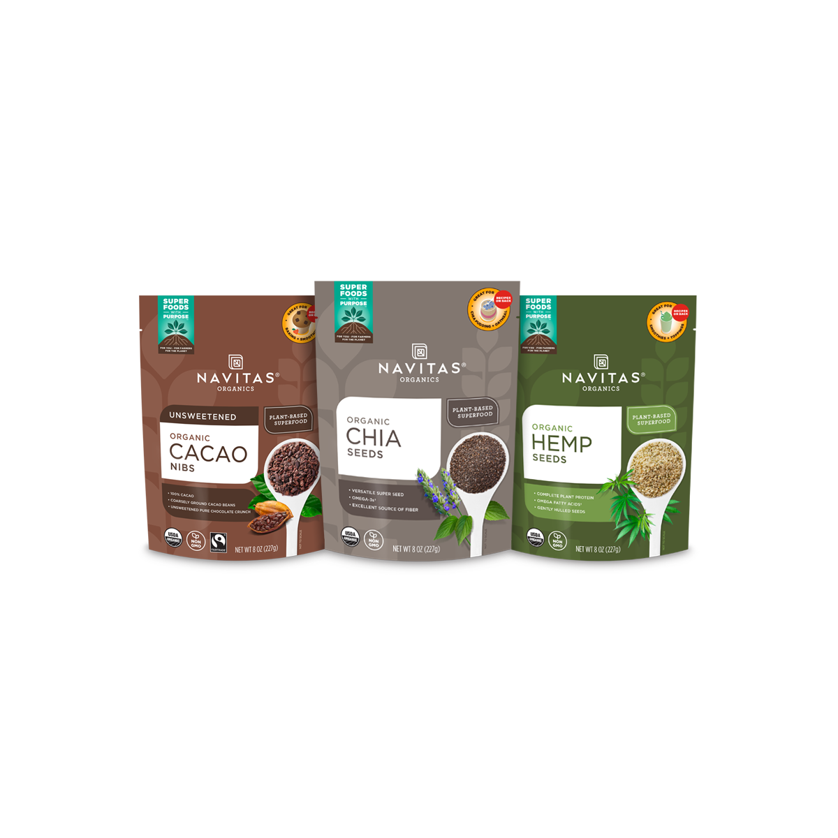 Navitas Organics Toppers Bundle featuring 8oz. Unsweetened Cacao Nibs, Chia Seeds and Hemp Seeds