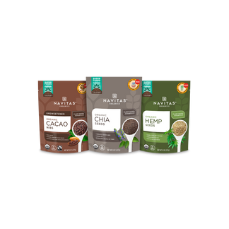 Navitas Organics Toppers Bundle featuring 8oz. Unsweetened Cacao Nibs, Chia Seeds and Hemp Seeds