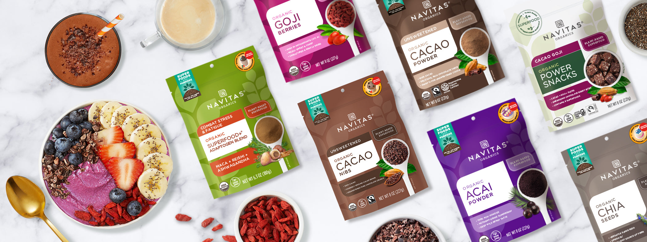 A variety of Navitas Organics superfoods, a smoothie bowl, smoothie and latte