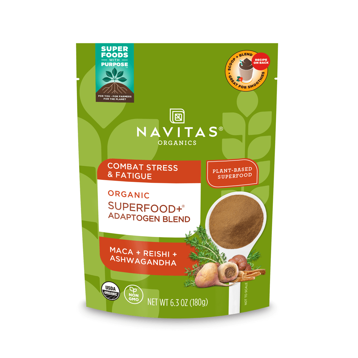 Navitas Organics Superfood+ Adaptogen Blend front of bag.