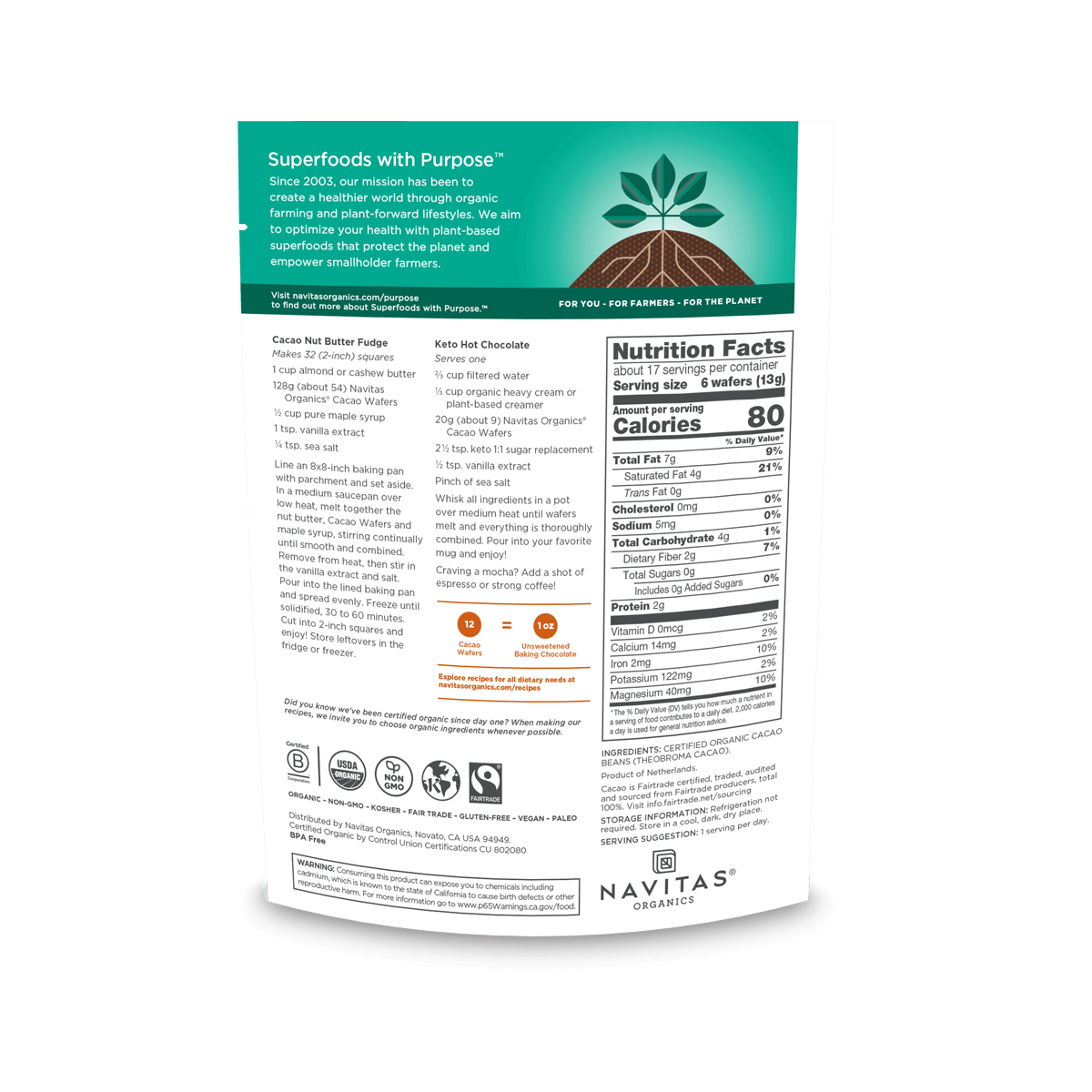 Navitas Organics Cacao Liquor Wafers 8oz back of pack