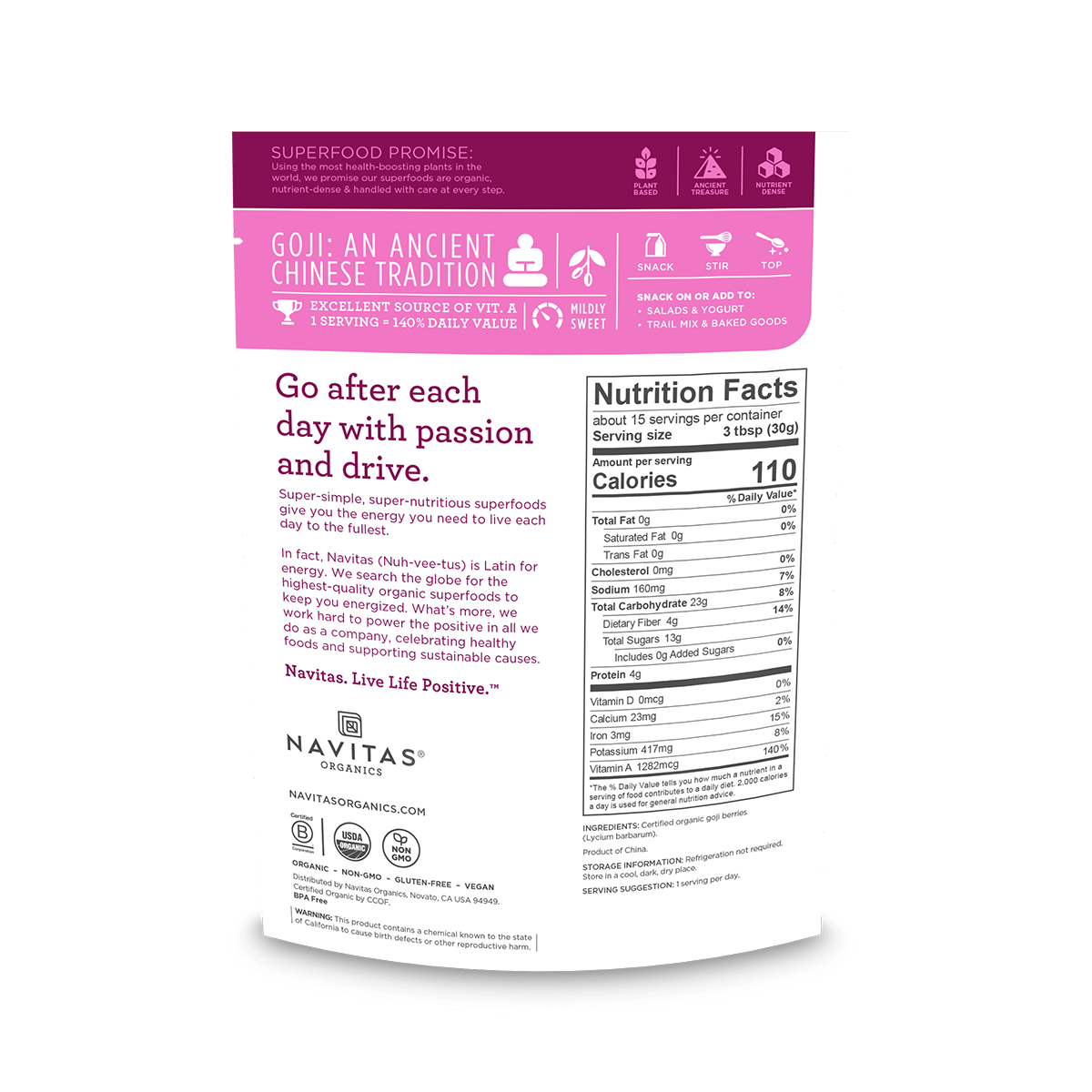 Navitas Organics Goji Berries 16 oz back of pack.