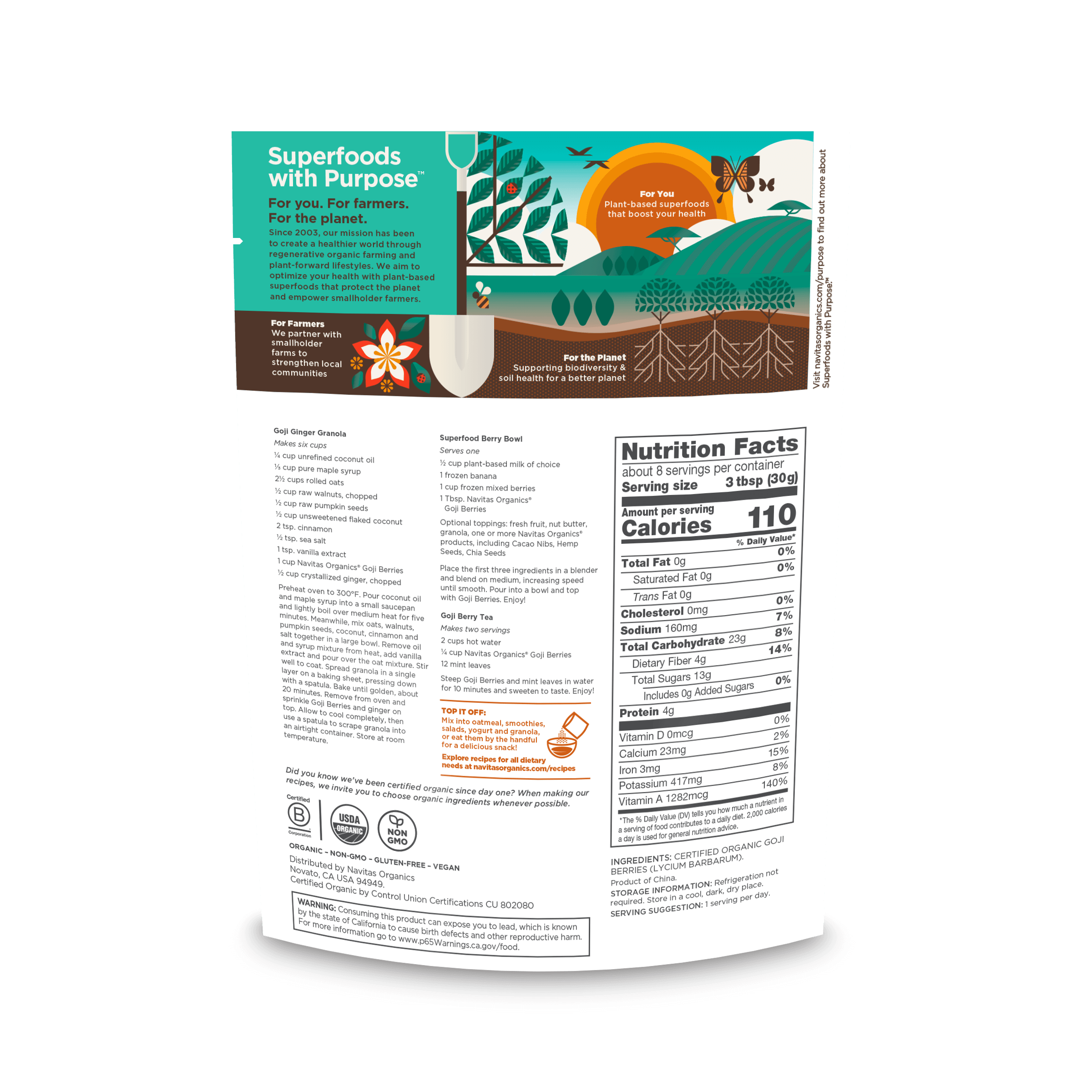 Navitas Organics Goji Berries 8 oz. back of package.