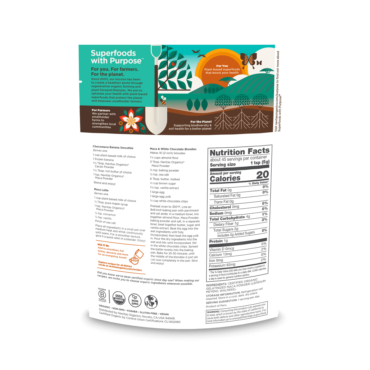 Navitas Organics Maca Powder 8 oz. back of package.