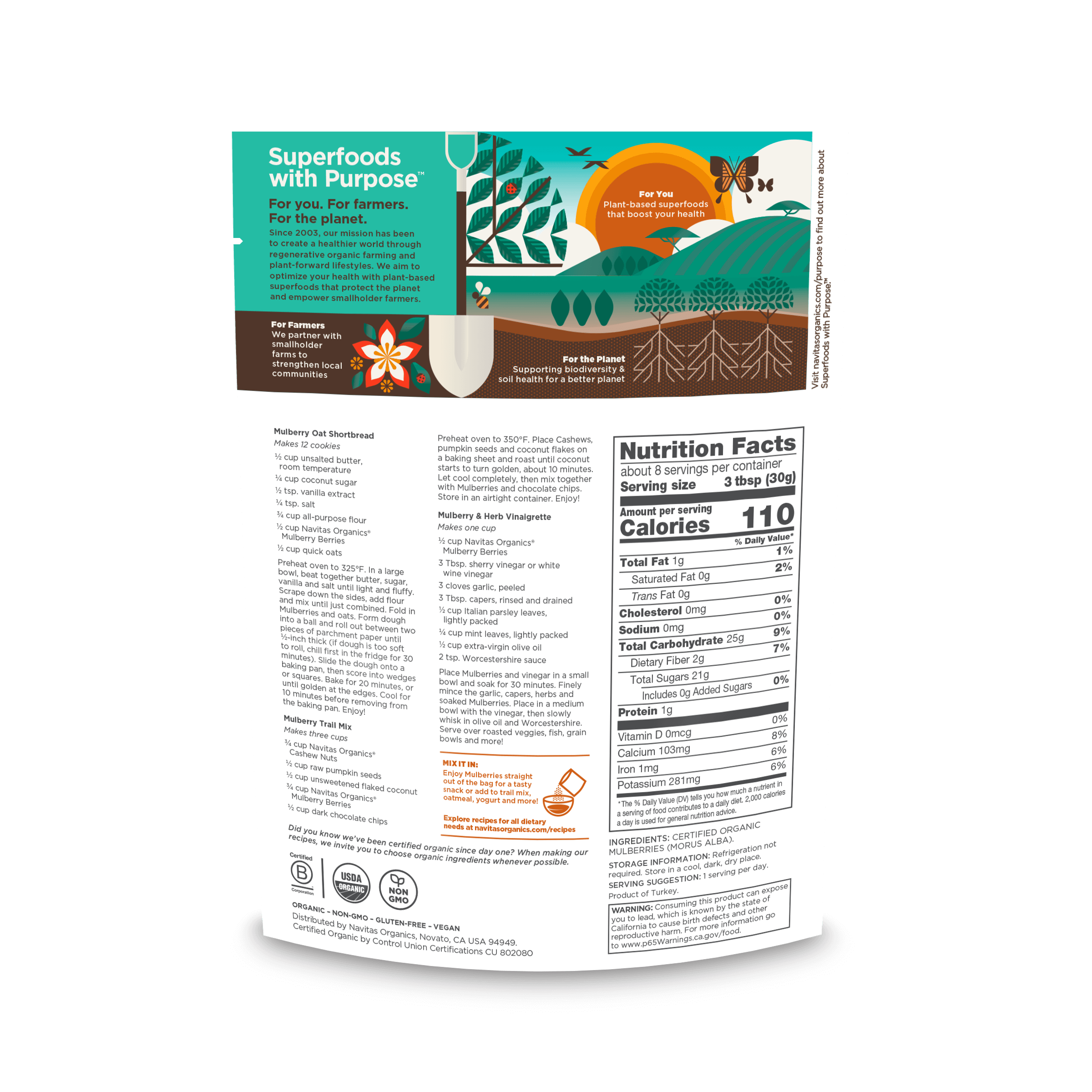 Navitas Organics Mulberries 8 oz. back of package.