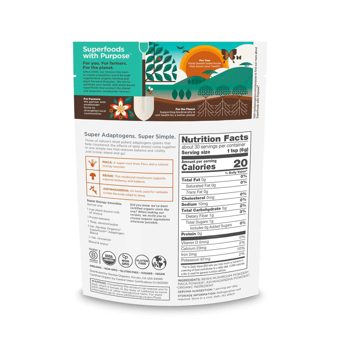 Navitas Organics Superfood+ Adaptogen Blend back of bag