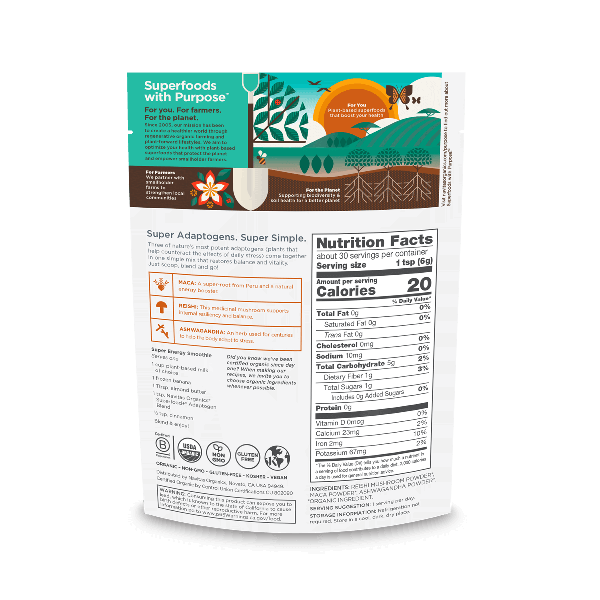 Navitas Organics Superfood+ Adaptogen Blend back of bag.