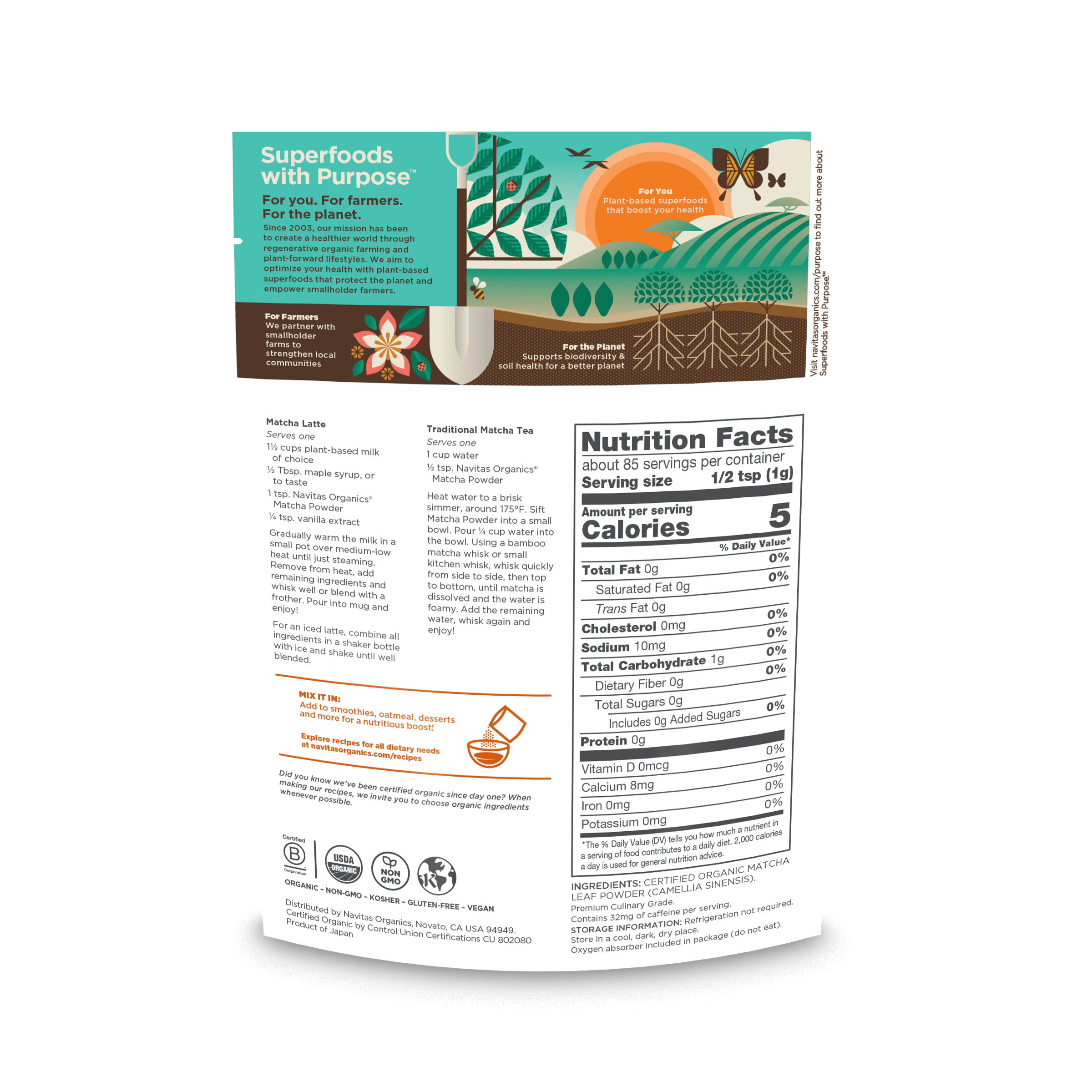 Navitas Organics Matcha Powder 3oz. back of pack.