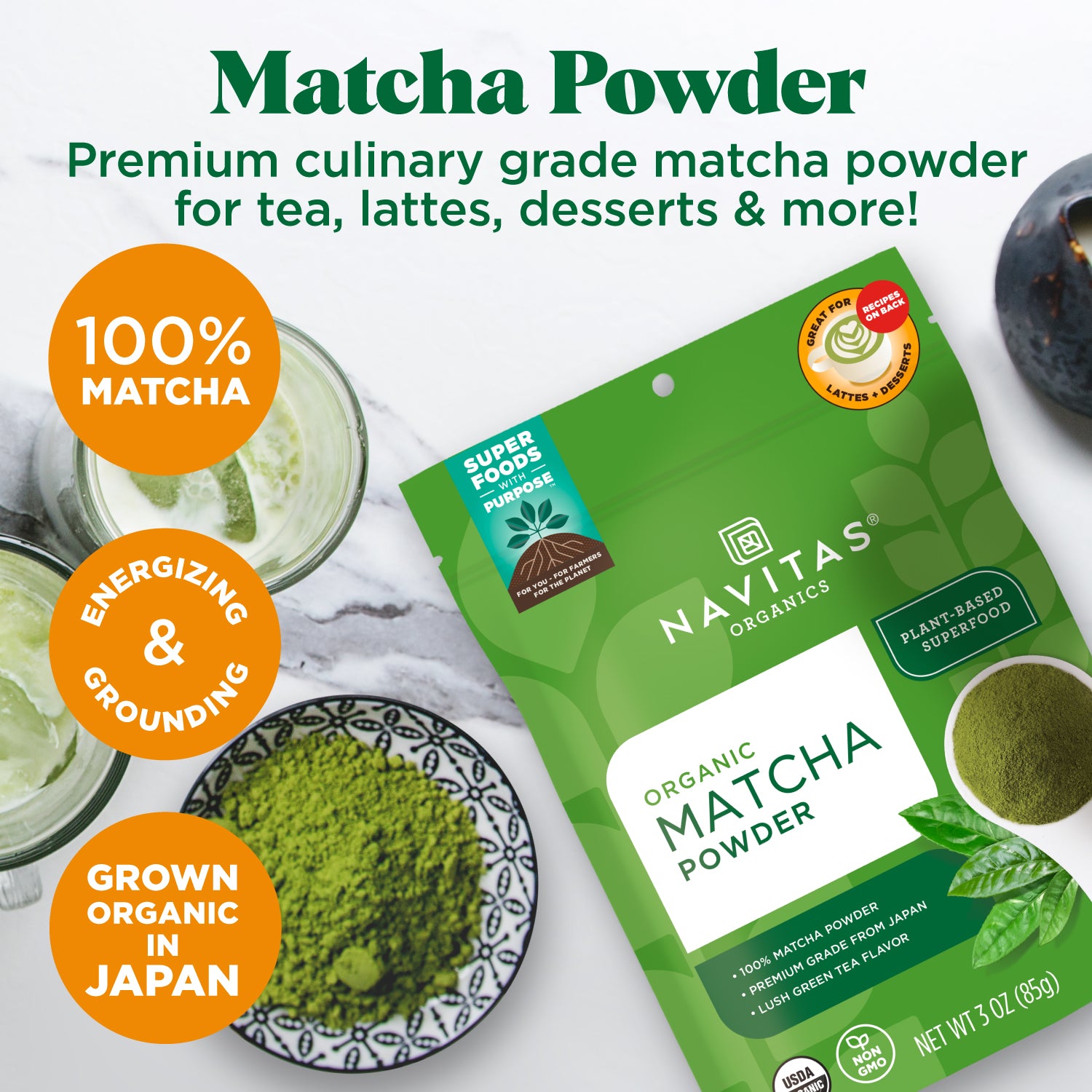 Navitas Organics premium culinary grade matcha powder can be used for tea, lattes, desserts and more!