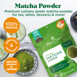 Navitas Organics premium culinary grade matcha powder can be used for tea, lattes, desserts and more!