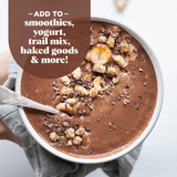 ADD TO: smoothies, yogurt, trail mix, baked goods & more! Cacao smoothie bowl with a spoon with Navitas Cacao Nibs