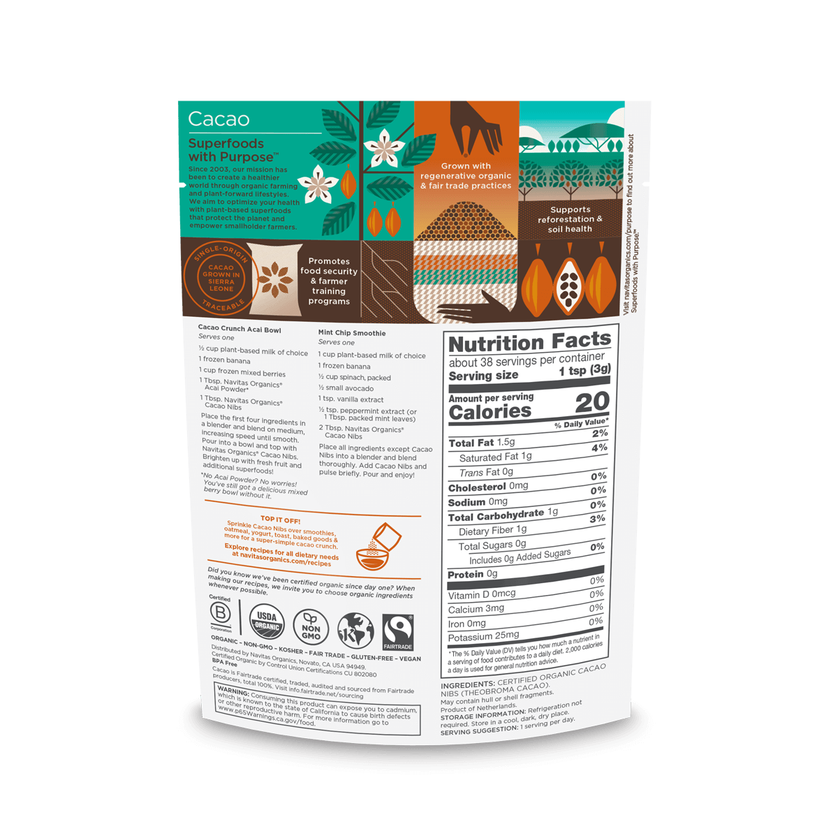 Navitas Organics Cacao Nibs 4 oz. back of bag