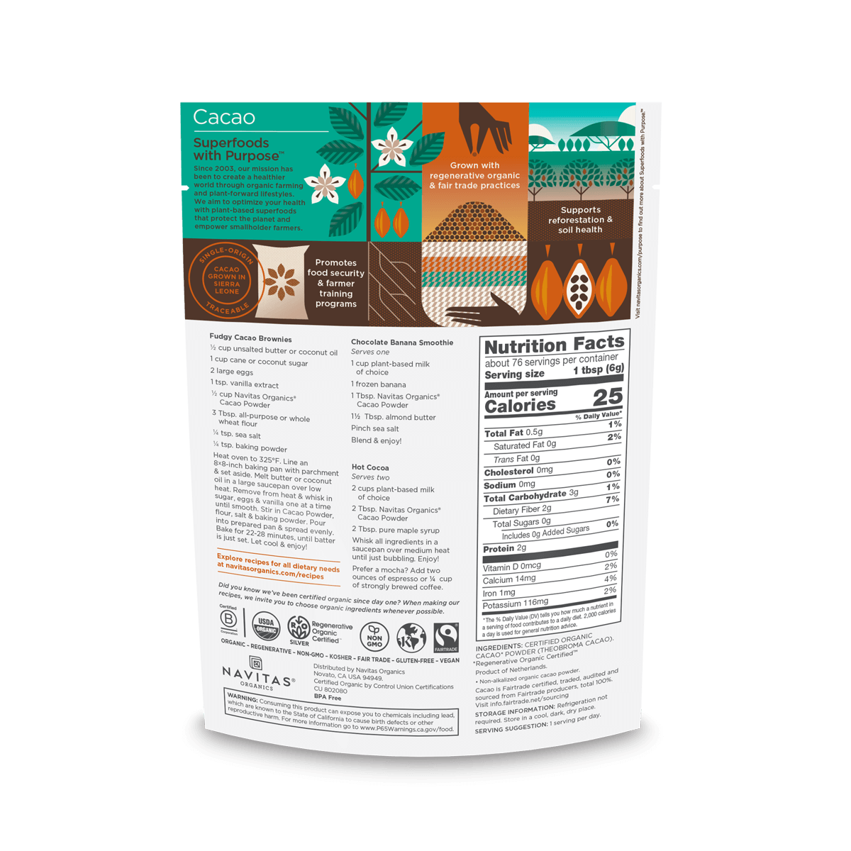 Navitas Organics Regenerative Organic Certified Cacao Powder 16oz. back of bag