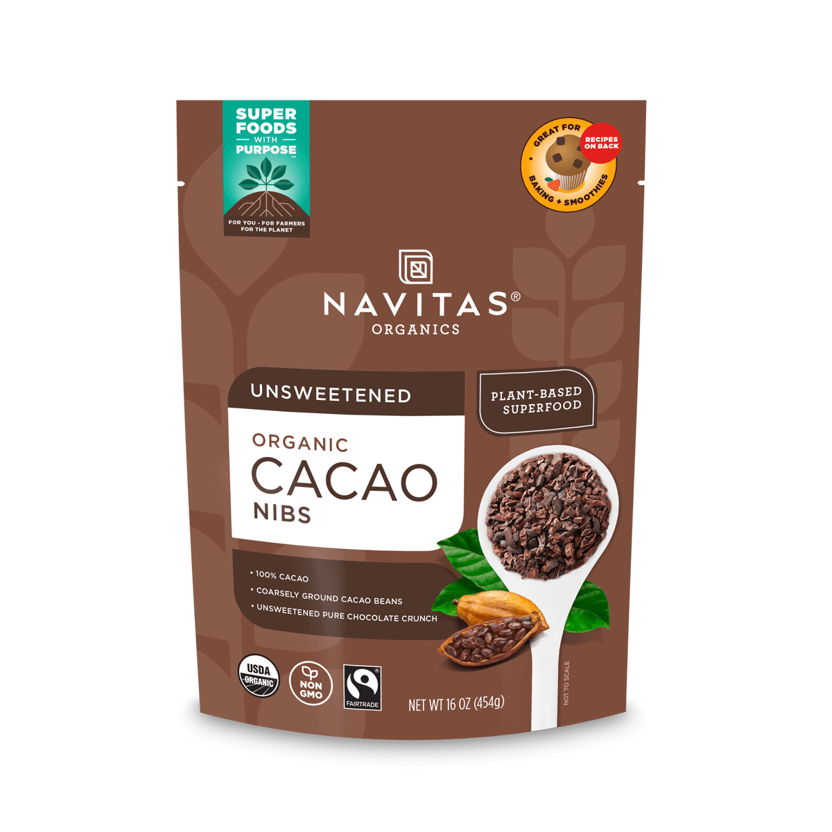 Navitas Organics Cacao Nibs 16 oz. front of bag