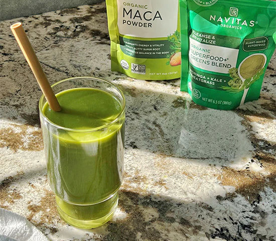 Green smoothie made with Navitas Organics Superfood+ Greens Blend and Maca Powder