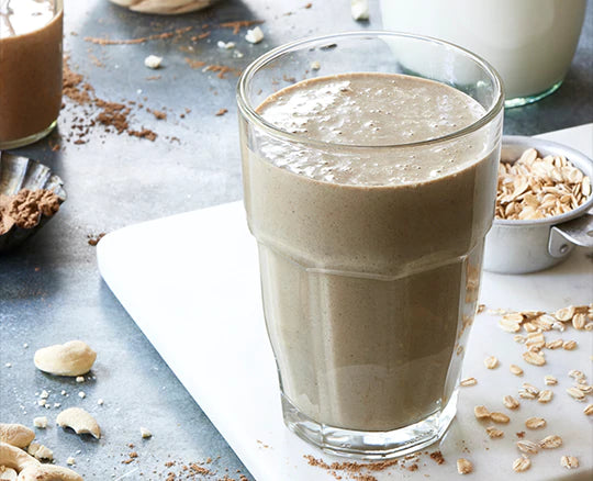 Frosty cacao maca smoothie made with Navitas Organics superfoods.