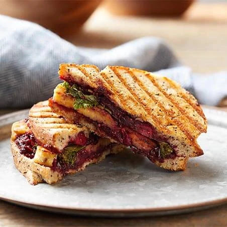 Grilled panini stuffed with tempeh, kale, and a pomegranate-chia cranberry sauce