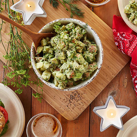 Flat lay of avocado potato salad made with Navitas Organics Chia Seeds and Superfood+ Greens Blend