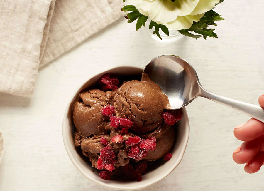 Bowl of dark chocolate ice cream made with Navitas Organics Cacao Powder