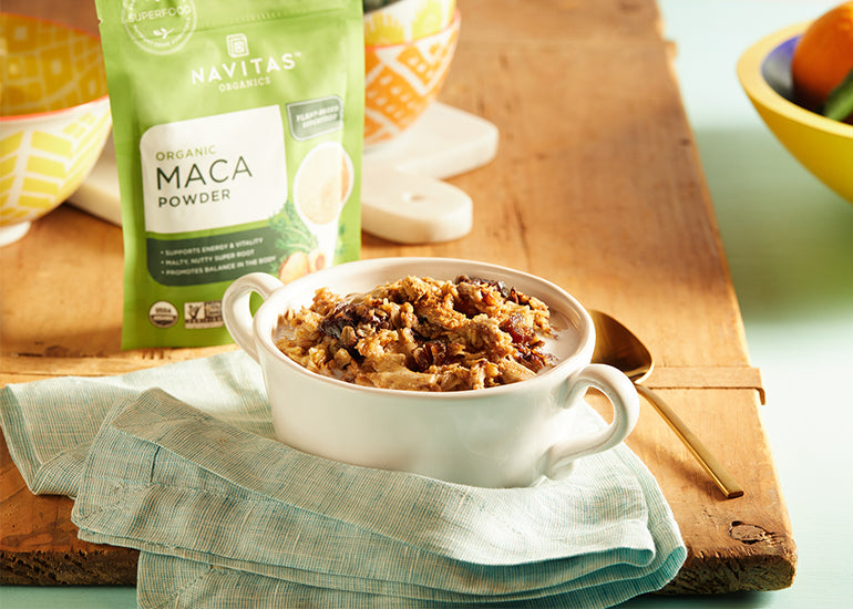A bowl of oatmeal made with Navitas Organics Maca Powder