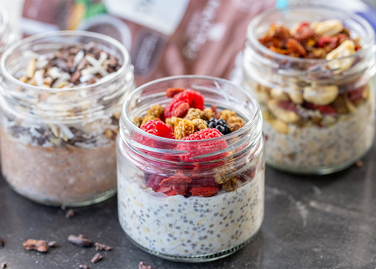 Three jars of overnight oats made with Navitas Organics superfoods