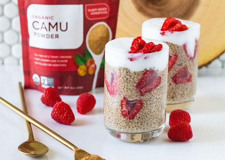 Two glasses filled with chia pudding made with Navitas Organics Chia Seeds and Camu Powder, topped with non-dairy vanilla yogurt and fresh raspberries