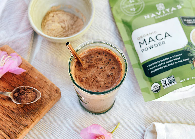 A superfood cacao adaptogenic iced latte made with Navitas Organics Maca Powder and Cacao+ Longevity Blend