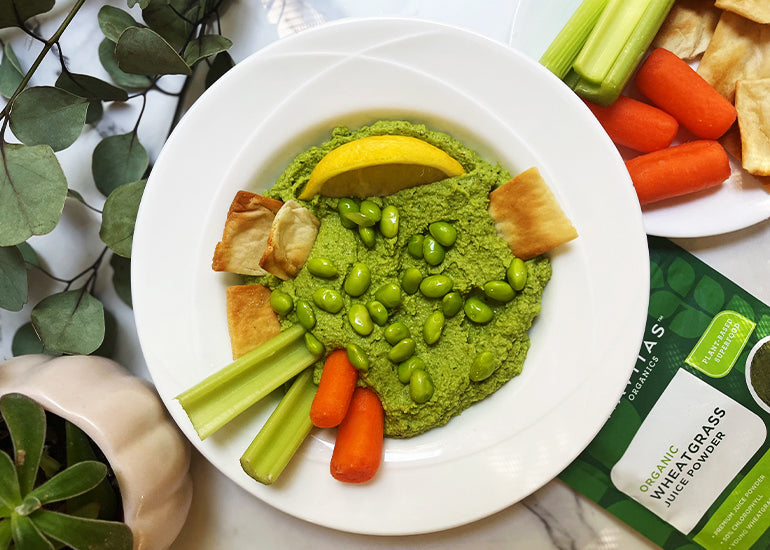 A bowl of green edamame hummus made with Navitas Organics Superfood+ Greens Blend, dipped with carrot sticks, celery sticks and pita chips.
