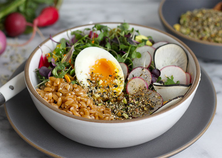 A bowl filled with farro, brown rice, sprouts and radishes, mixed with a hemp pistachio spice blend made with Navitas Organics Hemp Seeds. 