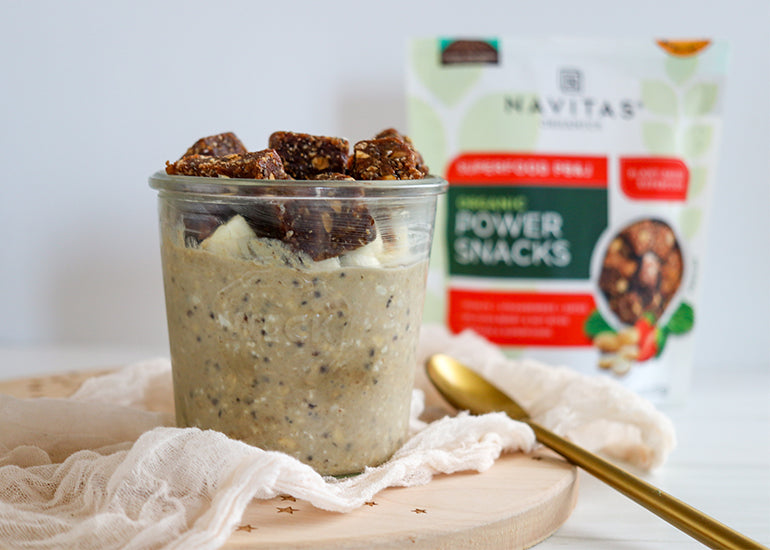 Overnight Oats made with Navitas Organics Superfood PB&J Power Snacks