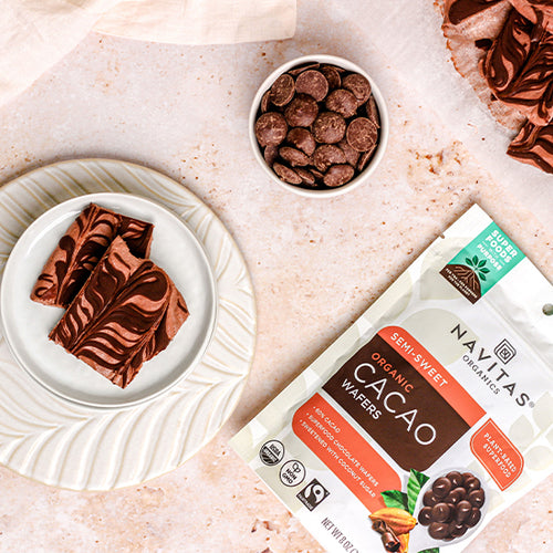 Chocolate frozen yogurt bark made with Navitas Organics Cacao Powder and Semi-sweet Cacao Wafers.