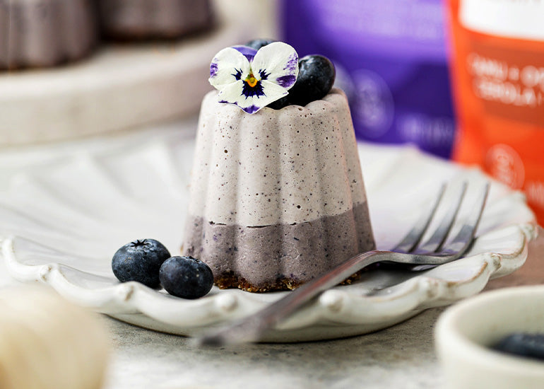 A vegan blueberry acai cheesecake made with Navitas Organics Superfood+ Immunity Blend and Acai Powder, topped with fresh blueberries and a flower.