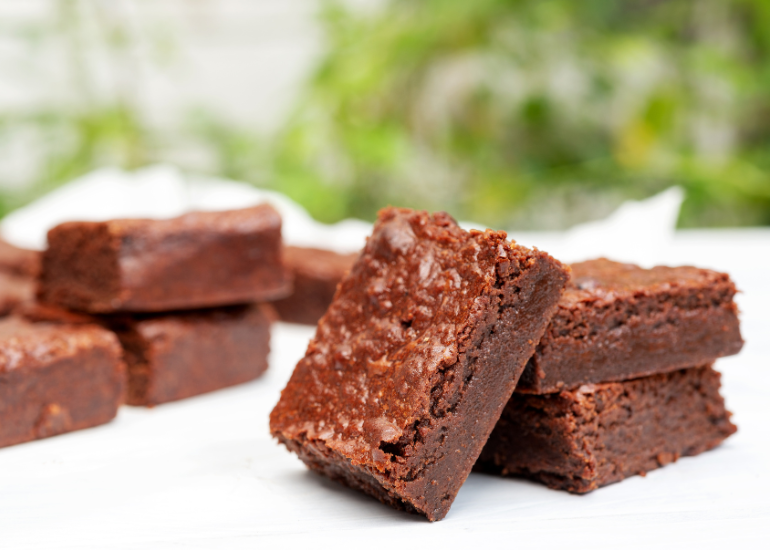 Fudgy chocolate brownies made with Navitas Organics Cacao Powder and Chia Powder.