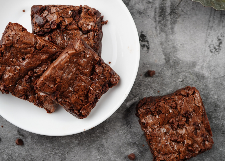 A plate of Mexican cacao brownies made with Navitas Organics Cacao Powder and Cacao Nibs