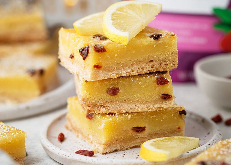 A stack of lemon goji bars made with Navitas Organics Superfood+ Immunity Blend and Goji Berries