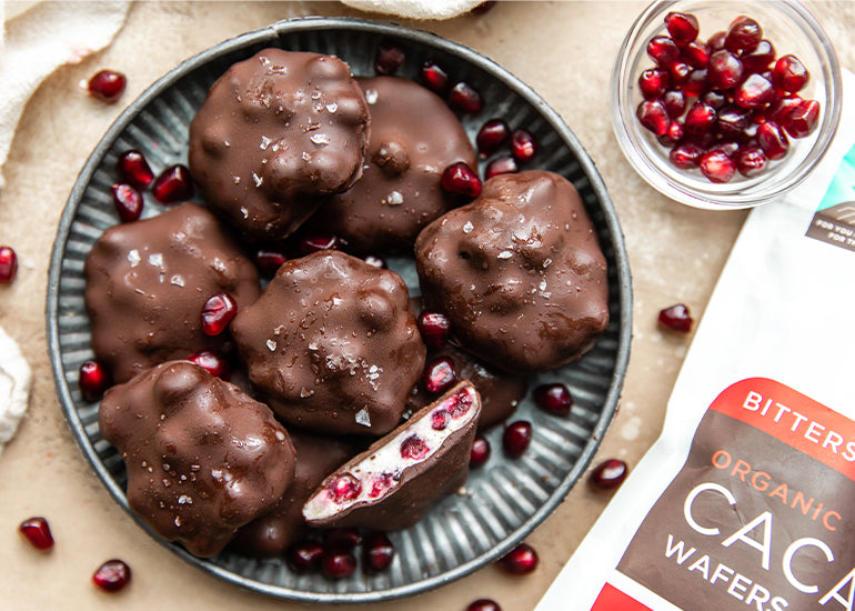 A plate filled with pomegranate yogurt clusters coasted in melted Navitas Organics Bittersweet Cacao Wafers