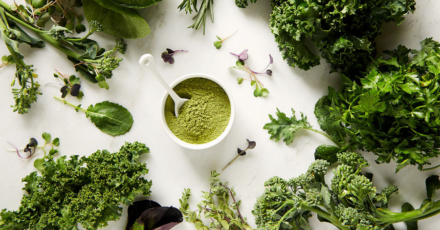 An array of green superfoods centered around a bowl of Navitas Organics Matcha Powder.
