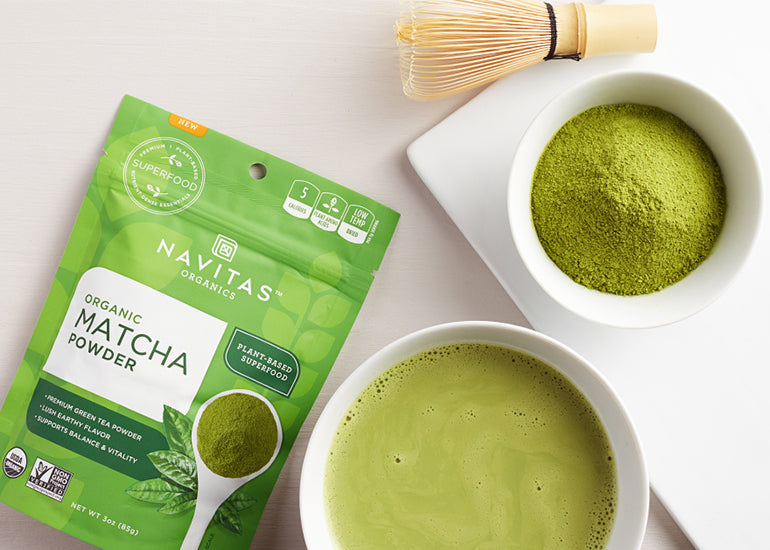 Navitas Organics Matcha Powder in bag and bowl