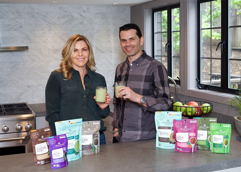 Navitas Organics Co-Founders Meg and Zach Adelman in the kitchen with Navitas Organics superfoods