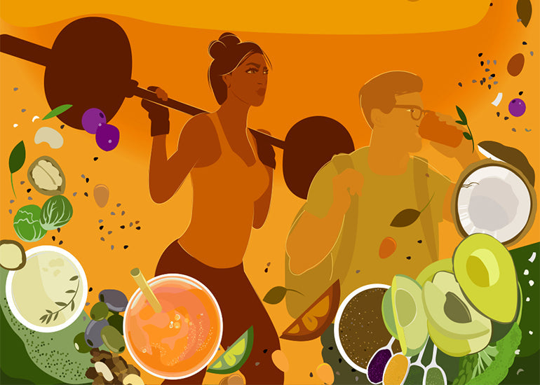 An illustration of a woman lifting weights and a man drinking a keto-friendly drink made with Navitas Organics superfoods.