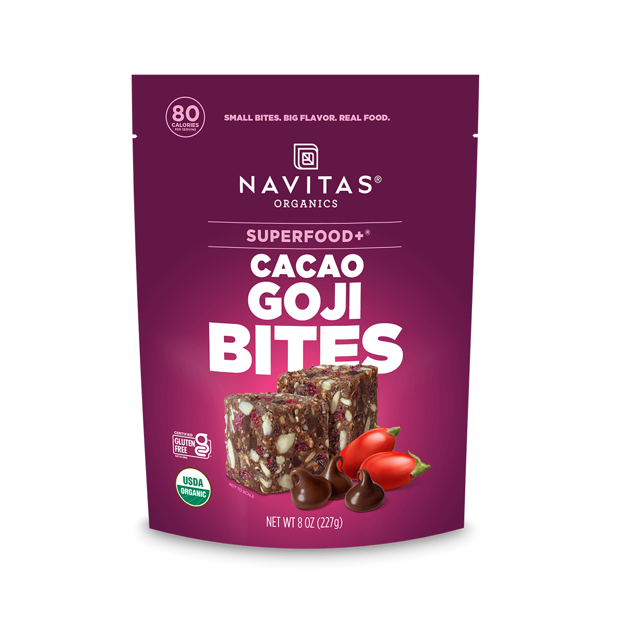 Package of Navitas Organics Superfood+ Cacao Goji BITES, highlighting non-GMO, USDA organic, and vegan certifications.