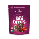 Package of Navitas Organics Superfood+ Cacao Goji BITES, highlighting non-GMO, USDA organic, and vegan certifications.