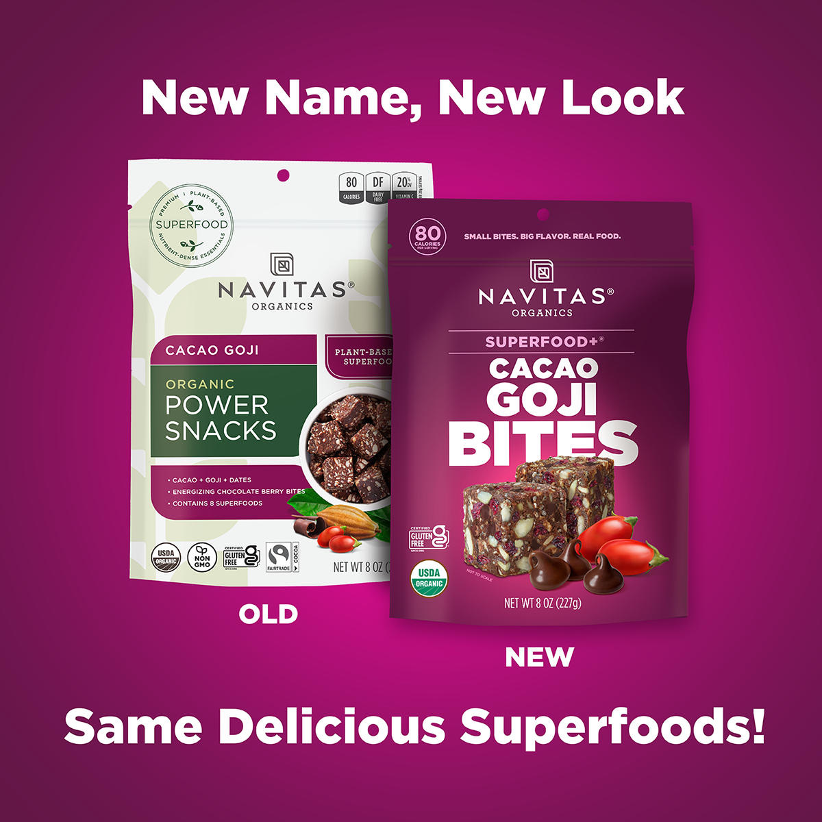 Comparison of Navitas Organics Cacao Goji Power Snacks packaging vs. new Superfood+ Cacao Goji BITES design on a purple background.