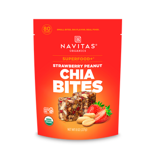 Navitas Organics Superfood+ Strawberry Peanut Chia BITES package on a white background