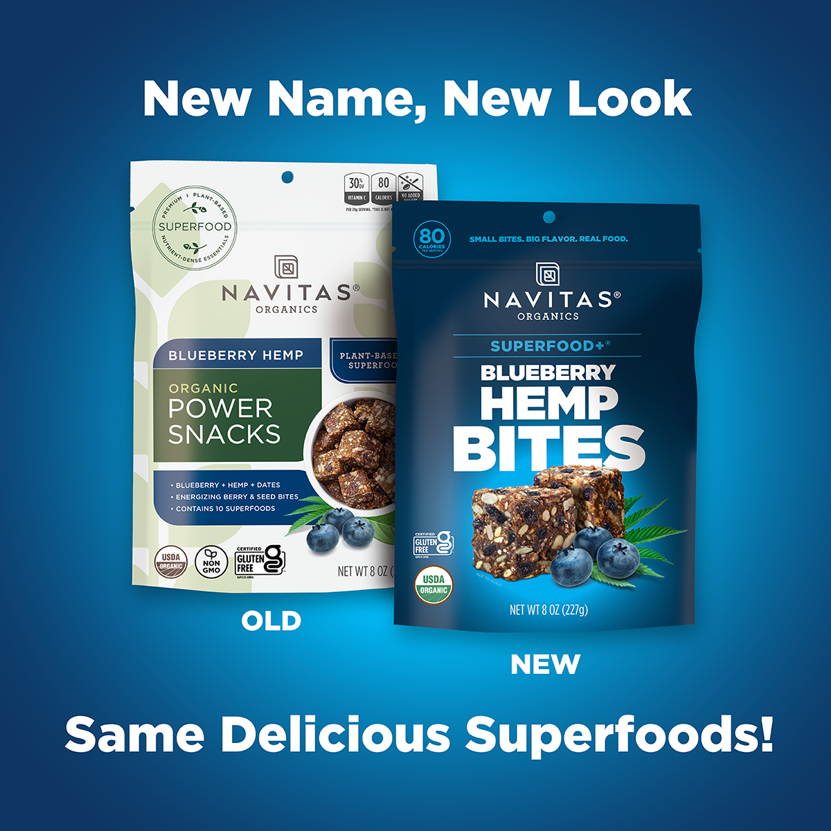Promotional image comparing old and new packaging designs for Navitas Organics products. Left side shows the previous packaging of "Blueberry Hemp Power Snacks," and right side displays the updated design labeled "Superfood+ Blueberry Hemp BITES." Text emphasizes "New Name, New Look" and "Same Superfoods!"