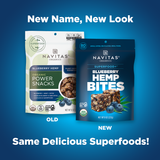 Promotional image comparing old and new packaging designs for Navitas Organics products. Left side shows the previous packaging of "Blueberry Hemp Power Snacks," and right side displays the updated design labeled "Superfood+ Blueberry Hemp BITES." Text emphasizes "New Name, New Look" and "Same Superfoods!"