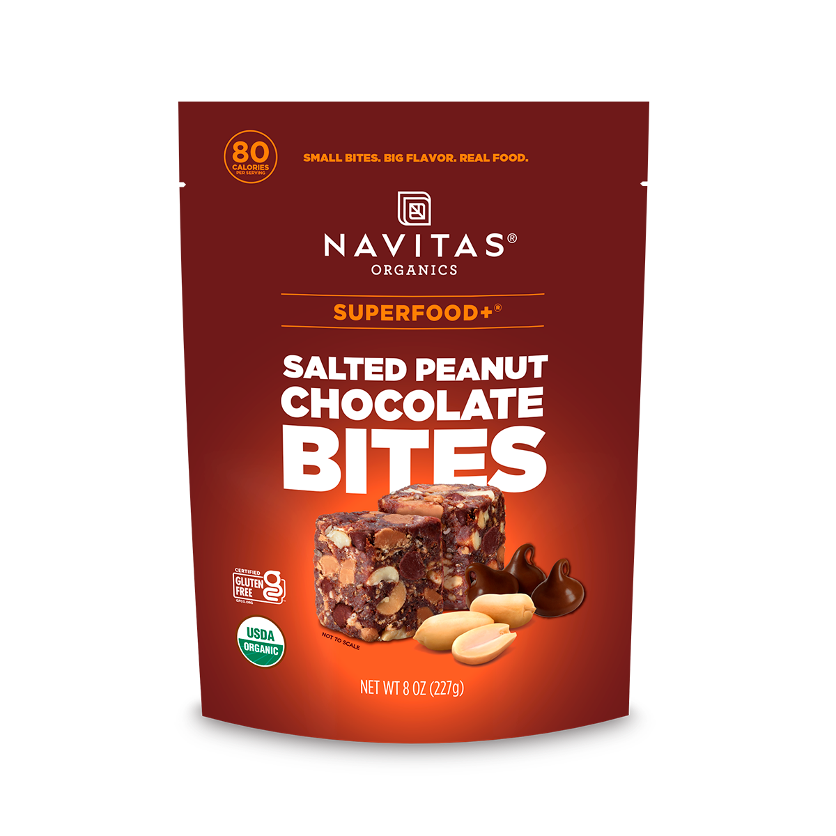 Navitas Organics Salted Peanut Chocolate Superfood+ Bites packaging on a white background