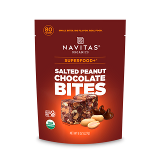 Navitas Organics Salted Peanut Chocolate Superfood+ Bites packaging on a white background
