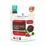 Navitas Organics Bittersweet Cacao Wafers 70% Cacao 8oz. front of bag.