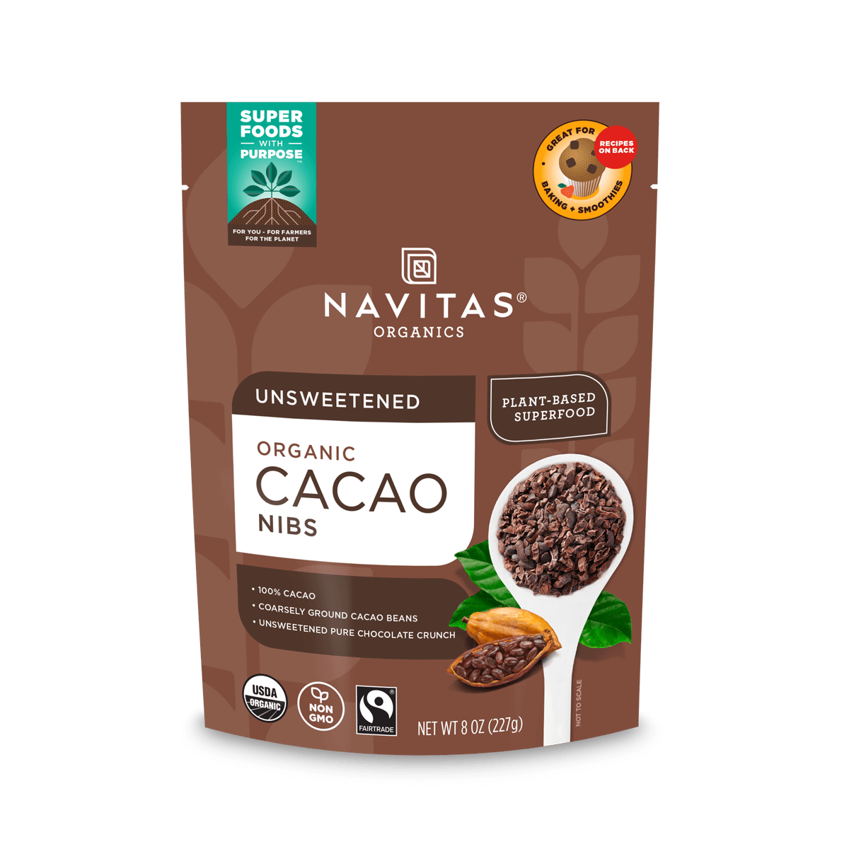 Navitas Organics 8oz. Cacao Nibs front of bag